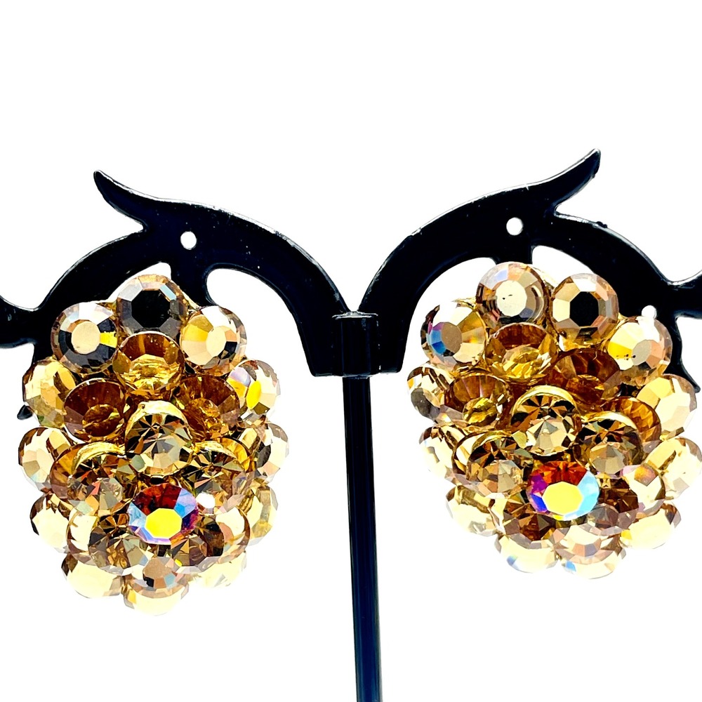 Vintage Clip On Earrings Gold Tone AB Aurora Borealis Rhinestone Cluster
